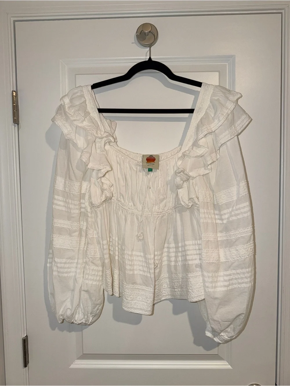 FARM Rio Off White Square Neckline Ruffle Blouse
